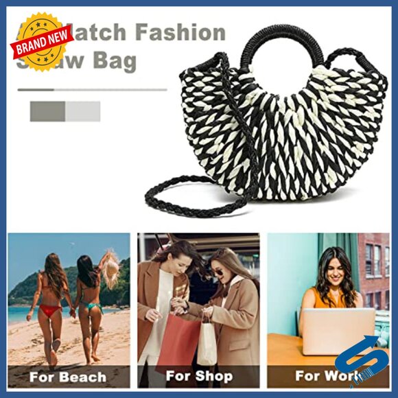 Hand-Woven Straw Tote Bag with Shoulder Strap for Beach Shopping Travel - Picture 4 of 7